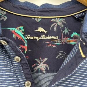 Tommy Bahama Mens XL Blue White Striped Cotton Short Sleeve Polo Shirt Tropical
